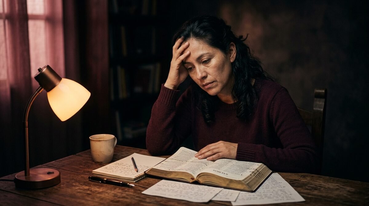 Mujer preparando su sermón de madrugada